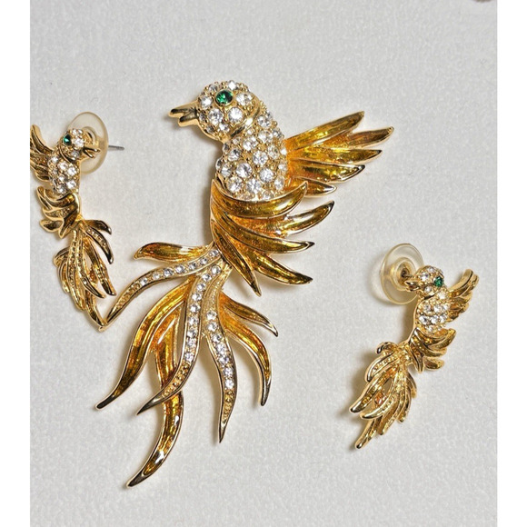 Vtg Set 3, Bird of Paradise Lg 3" Enamel Rhinestone Chrystal Pin Brooch/Earrings - Picture 4 of 16